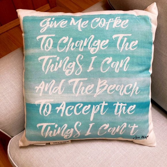 MWW, 18” x 18” Blue and White Beach Theme Throw Pillow “Give Me Coffee” - Picture 3 of 3